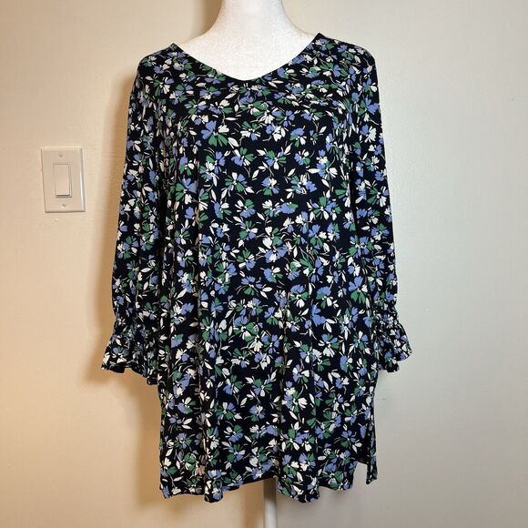 J Jill Women Top Blouse Sz S Blue Floral Wearever Smocked Tunic Stretch Ruffled - Picture 2 of 9